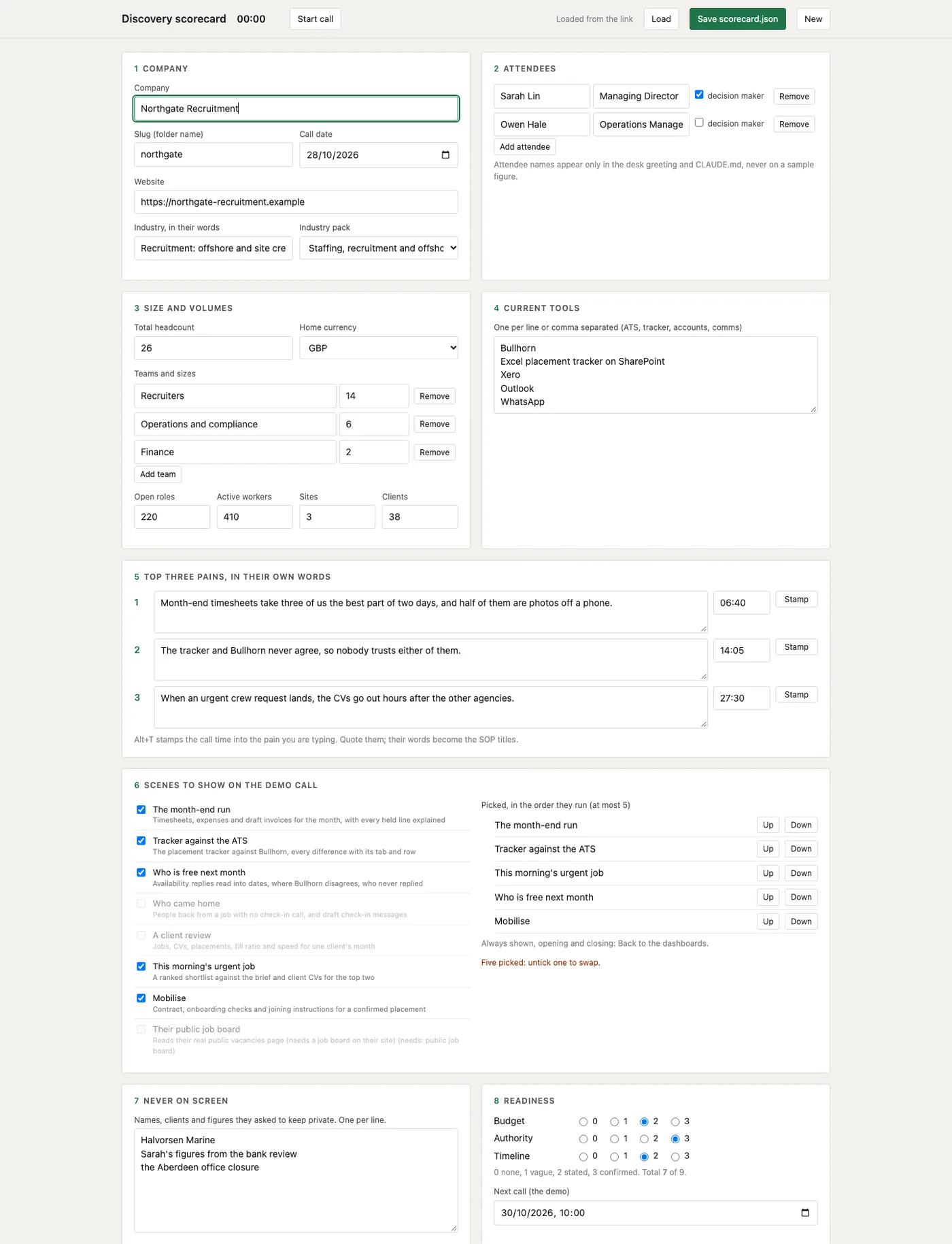 The scorecard form open during the call